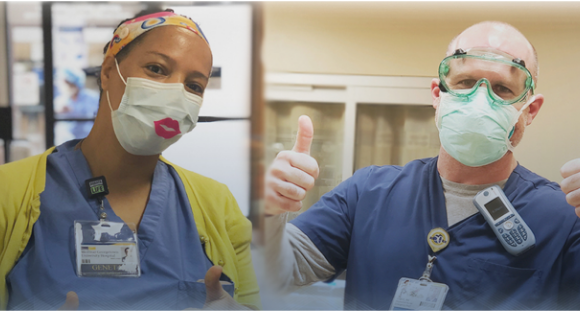 两名MedStar Health的专业人员戴着口罩并竖起大拇指。